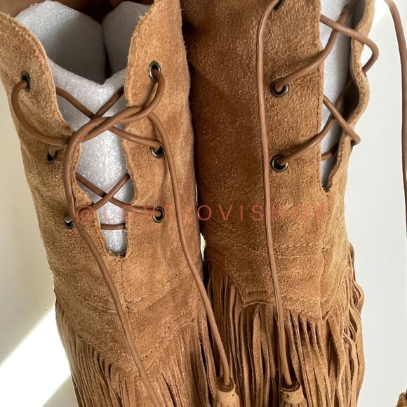 Bohemian | Sam Edelman Over-the-Knee Fringe Boots | Camel Tan Suede Western Tall - Picture 10 of 15